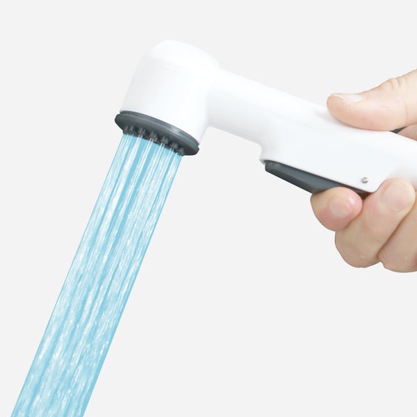 Handbrause mit Wasserstrahl in der Hand gehalten
