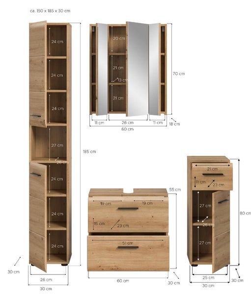 Badezimmermöbel-Set in Eiche-Optik mit Maßangaben: Hochschrank, Spiegelschrank, Waschbeckenunterschrank und Midischrank.