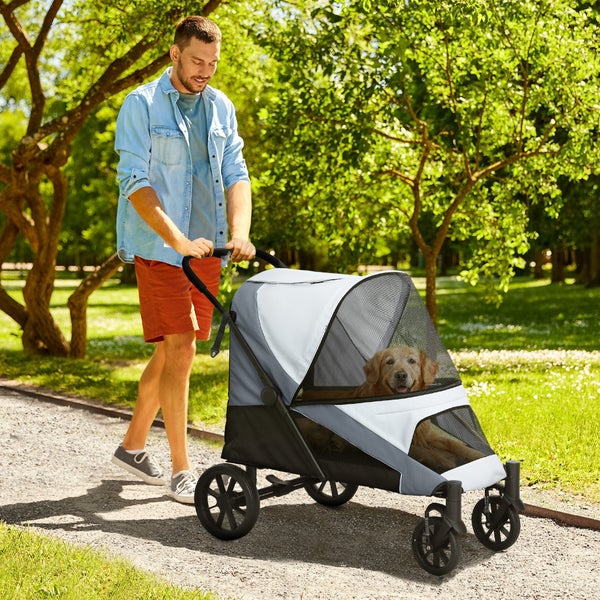 PawHut Hundewagen Hundebuggy klappbar für große Hunde & Katzen bis 30 kg Katzenbuggy mit Kissen Netzfenstern Türen Aufbewahrungstasche Katzenwagen mit Sicherheitsleinen, Bremsen, Buggy Grau