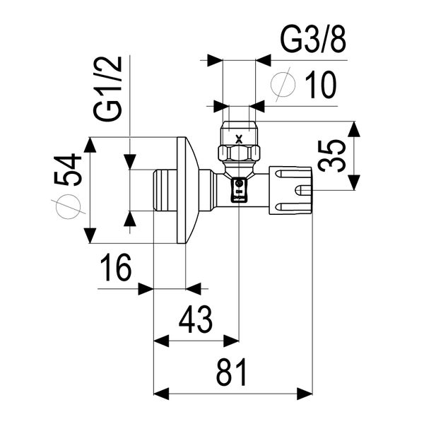 Maßzeichnung eines Eckventils mit Anschlussmaßen G einhalb und G drei Achtel in Millimetern.