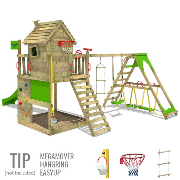 FATMOOSE Spielturm Klettergerüst HappyHome mit Schaukel SurfSwing und Rutsche, Spielhaus mit Sandkasten, Leiter und Spiel-Zubehör - grün