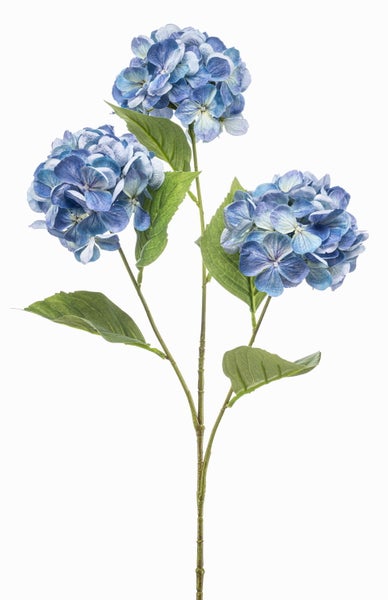 Künstliche Hortensie mit drei blauen Blütenköpfen und grünen Blättern an einem Stiel.