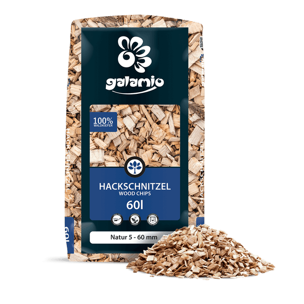 Galamio Hackschnitzel aus 100 Prozent Waldkiefer, 60 Liter Sack, Körnung 5 bis 60 Millimeter, für Gartenwege und als Fallschutz.