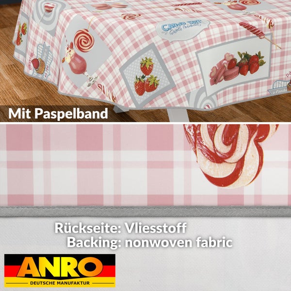 Tischdecke mit Süßigkeiten- und Erdbeermotiv