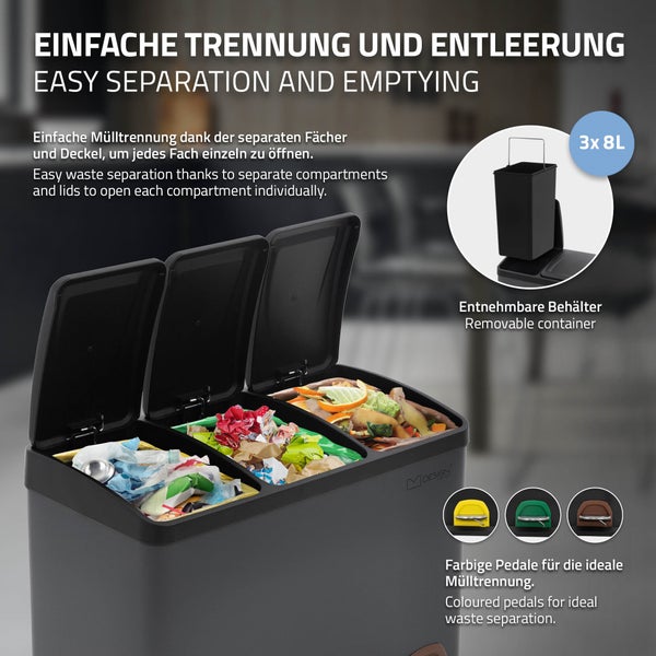 ML-Design Mülleimer Küche 3x 8L (24L), Anthrazit, Mülltrennsystem 3 Fächer, Treteimer zur Mülltrennung, Abfalleimer aus Stahl mit Inneneimer aus Kunststoff & Klappdeckel, farblicher Kennzeichnung
