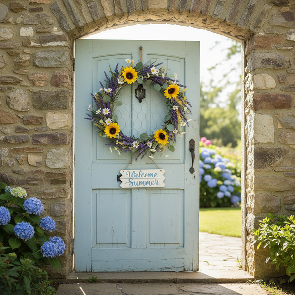 Blumenkranz mit Sonnenblumen und Lavendel an einer hellblauen Holztür in einem Steinbogen mit einem Welcome Summer Schild.