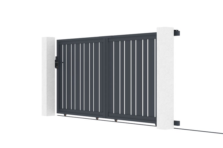 Doppeltor mit senkrechten Lamellen zwischen zwei Torpfosten