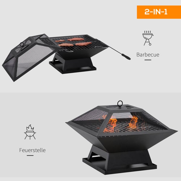 Outsunny Feuerschale mit Funkenschutz, Grillrost, Schürhaken, für Garten, Camping BBQ, 45 x 45 x 34 cm, Stahl, Schwarz