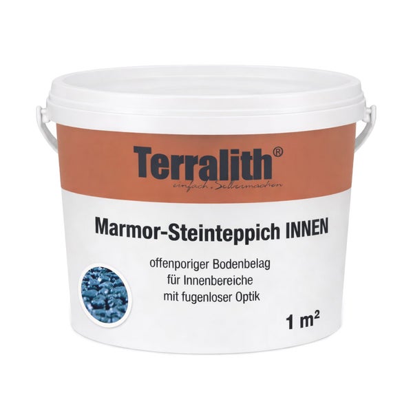 Terralith Marmor-Steinteppich für Innenbereiche, 1 Quadratmeter, offenporiger Bodenbelag mit fugenloser Optik, weißer Eimer, Terralith Logo.