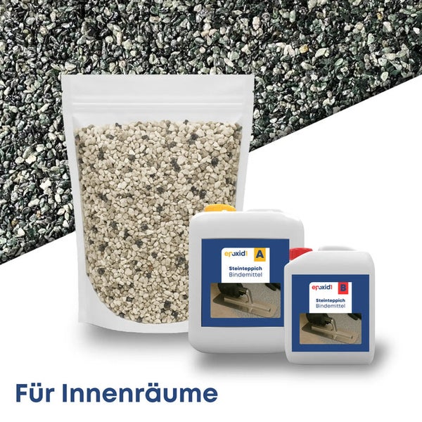 Steinteppich-Set für Innenräume mit einem Beutel Marmorkiesel und zwei Kanistern Epoxid-Bindemittel.