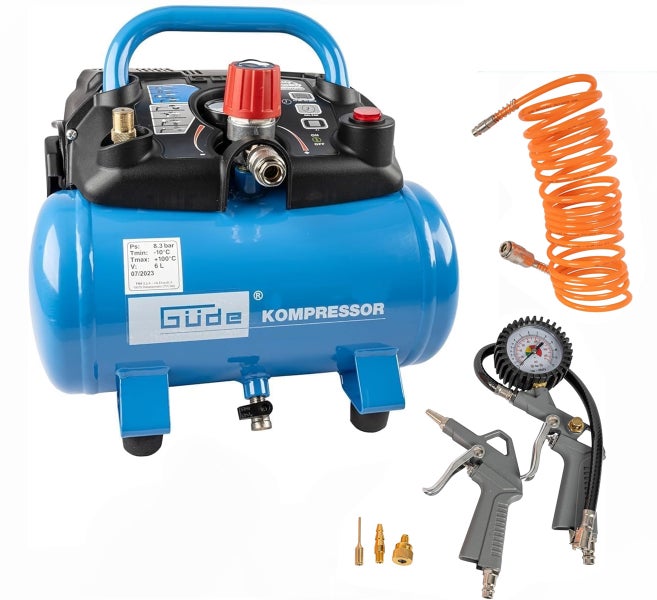 Blauer Güde Kompressor mit 6 Liter Tank inklusive Spiralschlauch, Ausblaspistole, Reifenfüller mit Manometer und Düsenset.