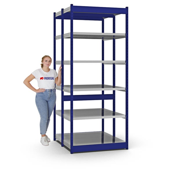 PROREGAL Fachbodenregal Stecksystem Vierkant-Profil Grundregal HxBxT 250 x 102,5 x 50 cm 2x6 Ebenen Doppelseitige Bauart Fachlast 200 kg Enzianblau