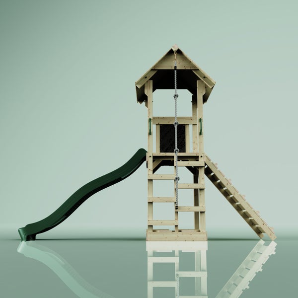 Spielturm aus Holz mit Rutsche, Kletterleiter und Kletterseil
