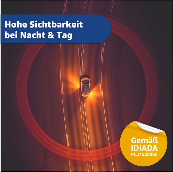 Illustration einer hohen Sichtbarkeit eines Autos bei Tag und Nacht, gemäß IDIADA PC21020060