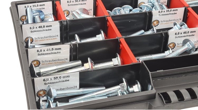 Flachkopfschrauben Sortiment M5-M6-M8 // 30mm-60mm 115 tlg. Schraubenbox DIN 603  Bolzen Vollgewindeschrauben Maschinenschrauben Gewindeschrauben Flachkopfschrauben