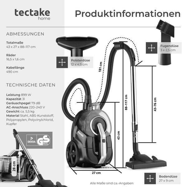 Tectake Home Staubsauger mit Zubehör und technischen Daten, Maßen und Sicherheitszeichen Dekra und GS Geprüfte Sicherheit.