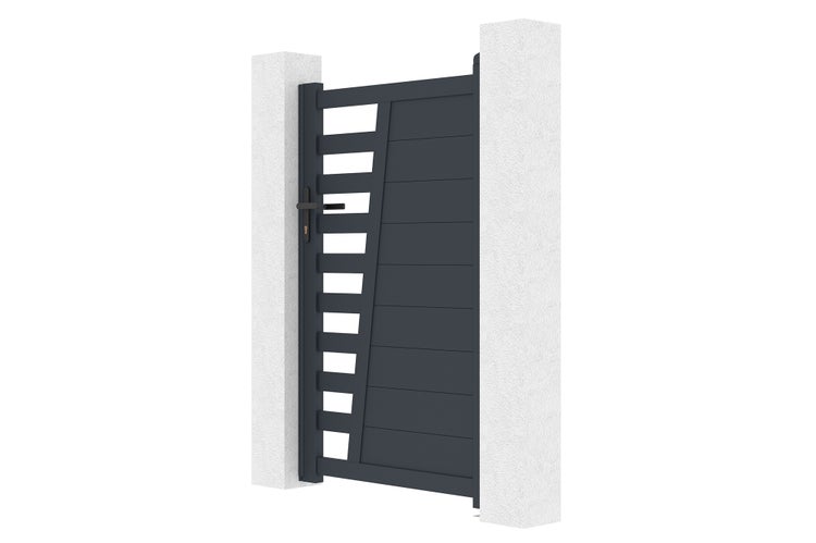 Modernes Gartentor aus Aluminium mit Lamellen und geschlossenen Segmenten, inklusive Drückergarnitur, montiert zwischen zwei Pfeilern.