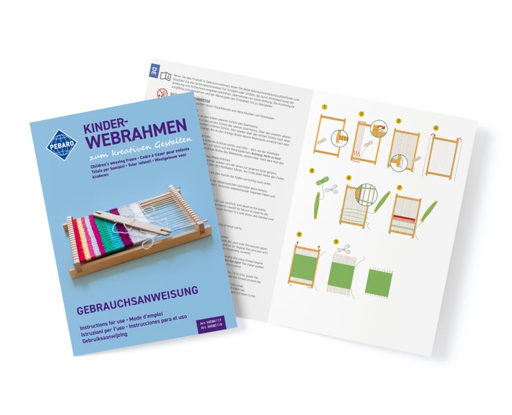 Gebrauchsanweisung für Pebaro Kinder Webrahmen mit illustrierten Anweisungen zur Benutzung des Webrahmens für kreative Bastelprojekte.