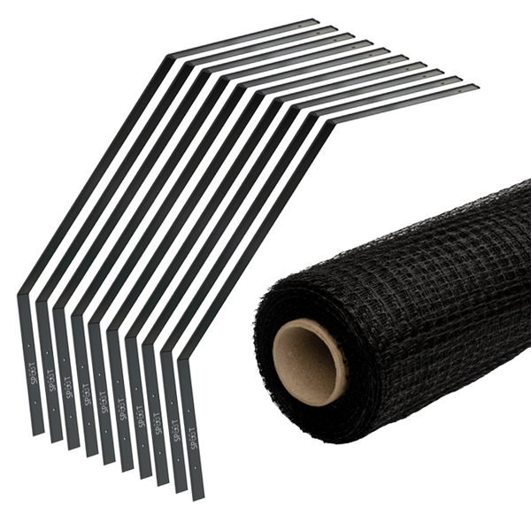 Dachrinnenschutz-Set mit Kunststoff-Gitterrolle und zehn schwarzen Halterungen aus Kunststoff.