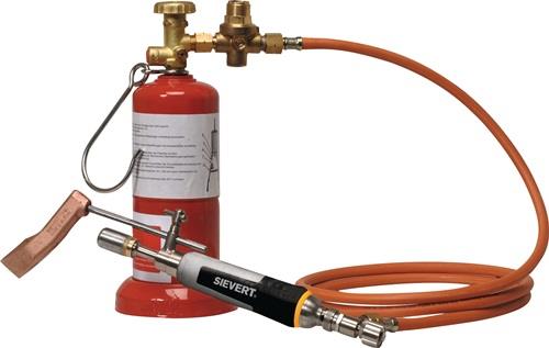 Lötbrenner mit Schlauch, Gasflasche und verschiedenen Aufsätzen