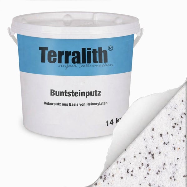 Terralith Buntsteinputz 14 Kilogramm Eimer mit einer Detailansicht der weißen Putzstruktur mit dunklen Steinchen