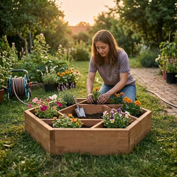 Frau pflanzt bunte Blumen in ein sechseckiges Hochbeet aus Holz in einem sonnigen Garten mit Gartenschlauch und Blumenbeeten.