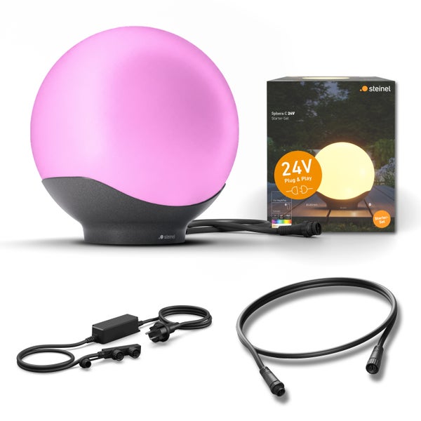 Steinel Sphera C 24V Starter Set Kugelaußenleuchte mit Netzteil und Verbindungskabel in der Produktverpackung