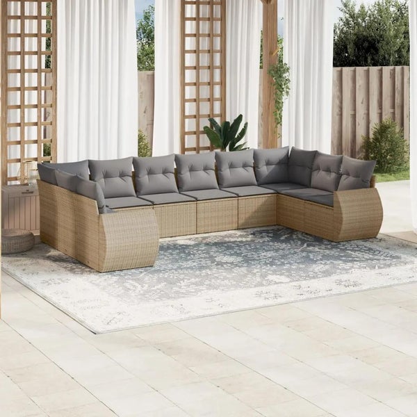 10-tlg. Garten-Sofagarnitur mit Kissen Beige Poly Rattan