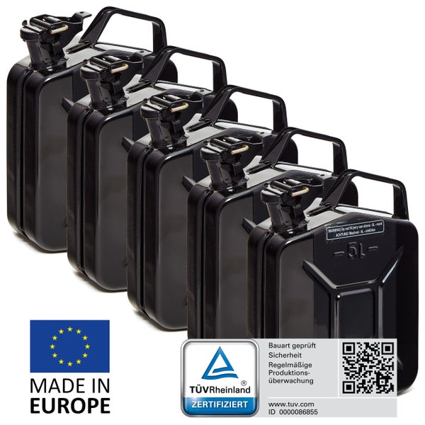 BW® Kraftstoffkanister Metall Benzinkanister 5x 5 Liter - Schwarz - RAL 9005 - TÜV-geprüft und UN-Zulassung - Made in Europe