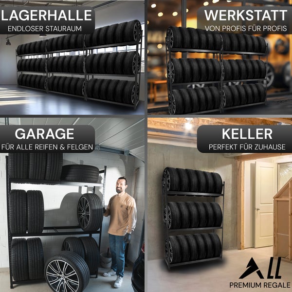 ALL Premium Reifenregal 18 Reifen 200x150x40cm Schwarz – 250 kg Traglast, Reifenregal 16 Reifen, Reifenständer & Reifenhalter – Felgenbaum Garagen Zubehör für Garage & Lager