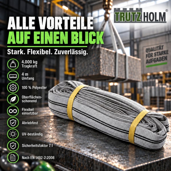 Trutzholm Rundschlinge aus Polyester mit 4000 Kilogramm Tragkraft und 4 Meter Umfang, abriebfest, UV-beständig und oberflächenschonend.