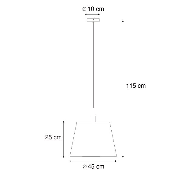 Technische Zeichnung Pendelleuchte: Baldachin Durchmesser 10 Zentimeter, Gesamthöhe 115 Zentimeter, Schirm 25 Zentimeter hoch, 45 Zentimeter breit.