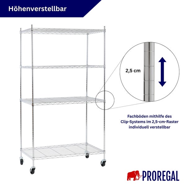 Drahtregal aus Metall mit 4 Ebenen auf Rollen, höhenverstellbare Fachböden im 2,5-Zentimeter-Raster mit Clip-System. Proregal Logo.