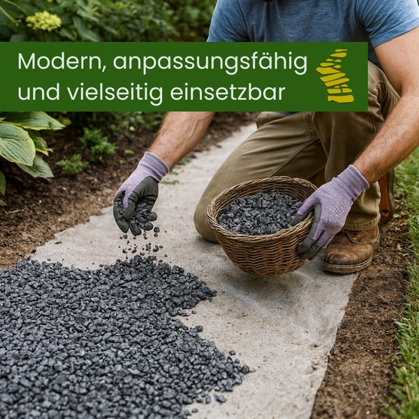 Eine Person kniet auf einem Gartenweg und streut Ziersplitt aus einem Korb.