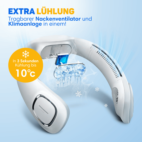 Mann entspannt in Hängematte mit Nackenventilator der Marke Vulpes Goods Tech