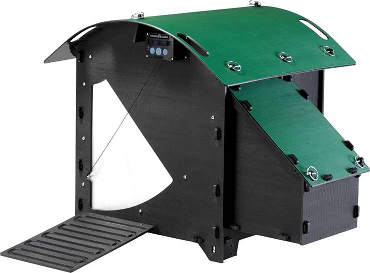 Hühnerstall aus grünem und schwarzem Kunststoff mit automatischer Türsteuerung und Rampe.