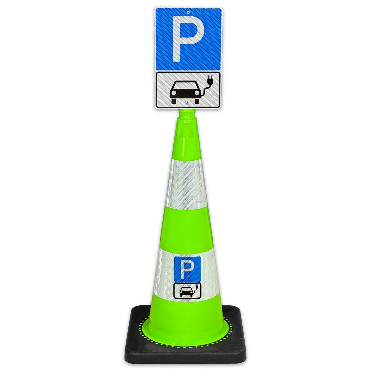 Leitkegel FLEX 75cm hoch mit Schild 30 x 20cm Parkplatz nur für Elektroautos / mit reflektierender Folie und Hinweisschild / Leitkegel grün