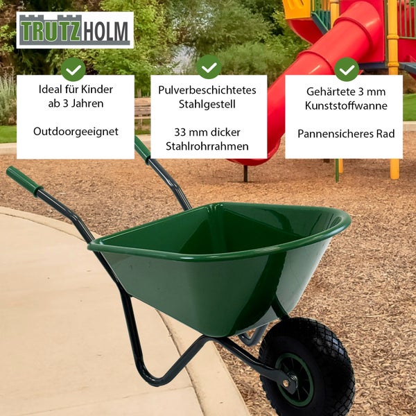 Grüne Kinderschubkarre mit pulverbeschichtetem Stahlgestell und pannensicherem Rad von TrutzHolm, ideal für Kinder ab drei Jahren.