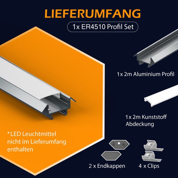Lieferumfang des LED Profil Sets ER4510 mit Aluminiumprofil, Kunststoffabdeckung, Endkappen und Clips ohne LED Leuchtmittel.