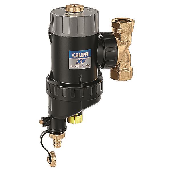 Caleffi XF Magnet-Schlammabscheider für Heizungsanlagen, schwarzes Kunststoffgehäuse mit Messinganschlüssen und Caleffi Logo.