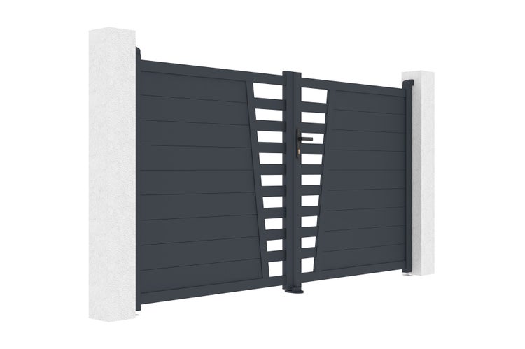 Zweiflügeliges Einfahrtstor aus Aluminium mit horizontalen Lamellen und dekorativem Mittelteil.