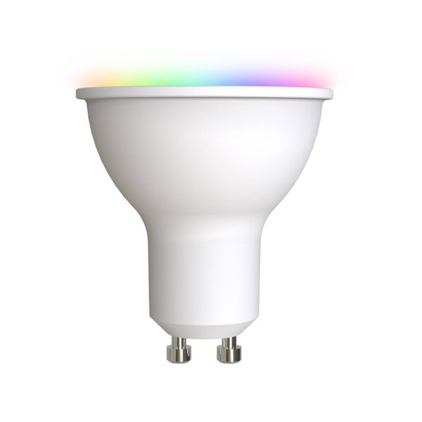 LED-Reflektorlampe GU10 mit RGB-Farbwechselfunktion und weißem Gehäuse.