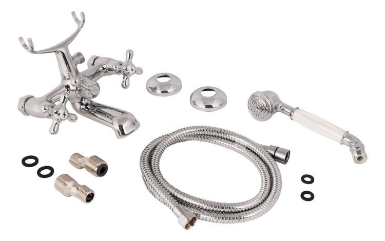 aquaSu® Zweigriffmischer Athenas für Wanne inklusive Brausegarnitur | Wasserhahn Retro | Umsteller Badewannenarmatur | Wannenbatterie | Nostalgische Zweigriffarmatur | Kreuzgriffe | Chrom | 768023