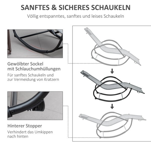 Garten-Schaukelliege mit Details zu Sicherheitsmerkmalen wie dem hinteren Stopper und Schutzhüllen am bogenförmigen Metallgestell.
