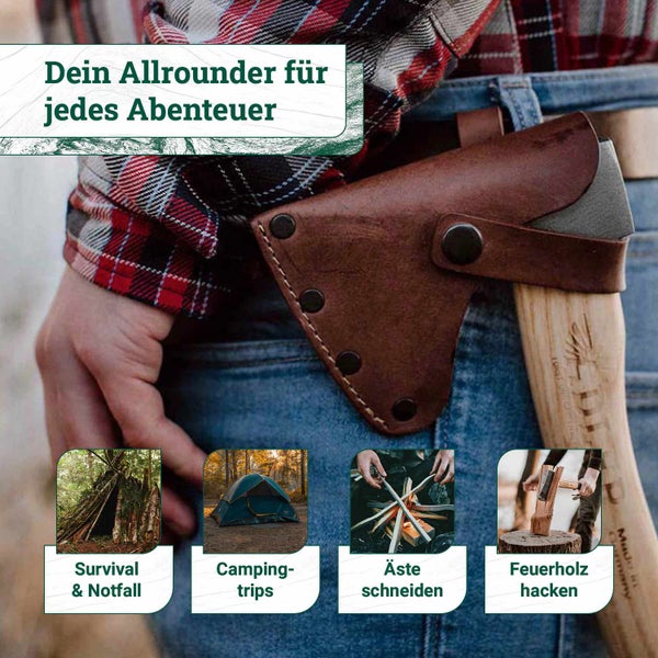 Beil mit Holzstiel in Lederscheide am Gürtel, ideal für Outdoor, Survival, Camping, Holzspalten und Äste schneiden.