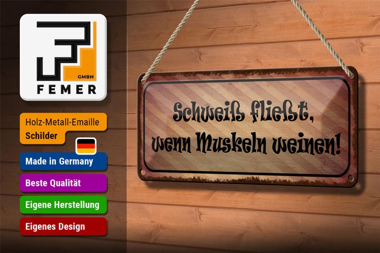 Blechschild Spruch 27x10cm Schweiß fließt Muskeln weinen Dekoration