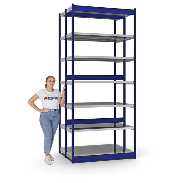 PROREGAL Fachbodenregal Stecksystem Vierkant-Profil Grundregal HxBxT 300 x 132,5 x 40 cm 2x7 Ebenen Doppelseitige Bauart Fachlast 200 kg Enzianblau