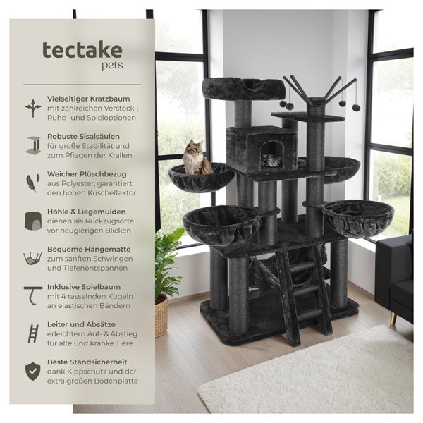 Großer Kratzbaum mit Liegemulden, Höhle, Hängematte, Leiter und Spielzeug für Katzen.