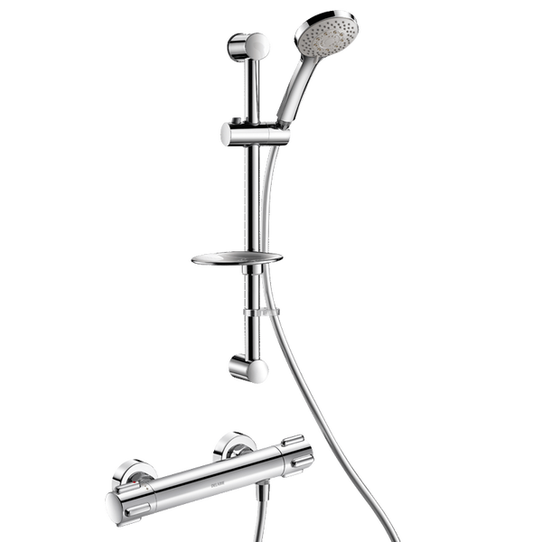 Duschset mit Thermostatarmatur, Brausestange, Handbrause und Ablage aus verchromtem Metall.