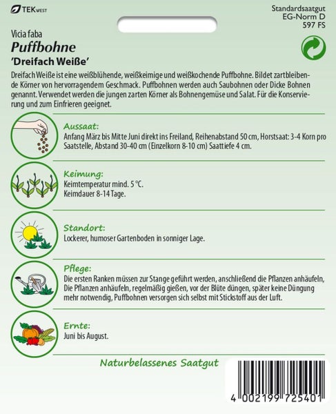 Puffbohnen-Samenpackung mit Informationen zu Aussaat, Keimung, Standort, Pflege und Ernte